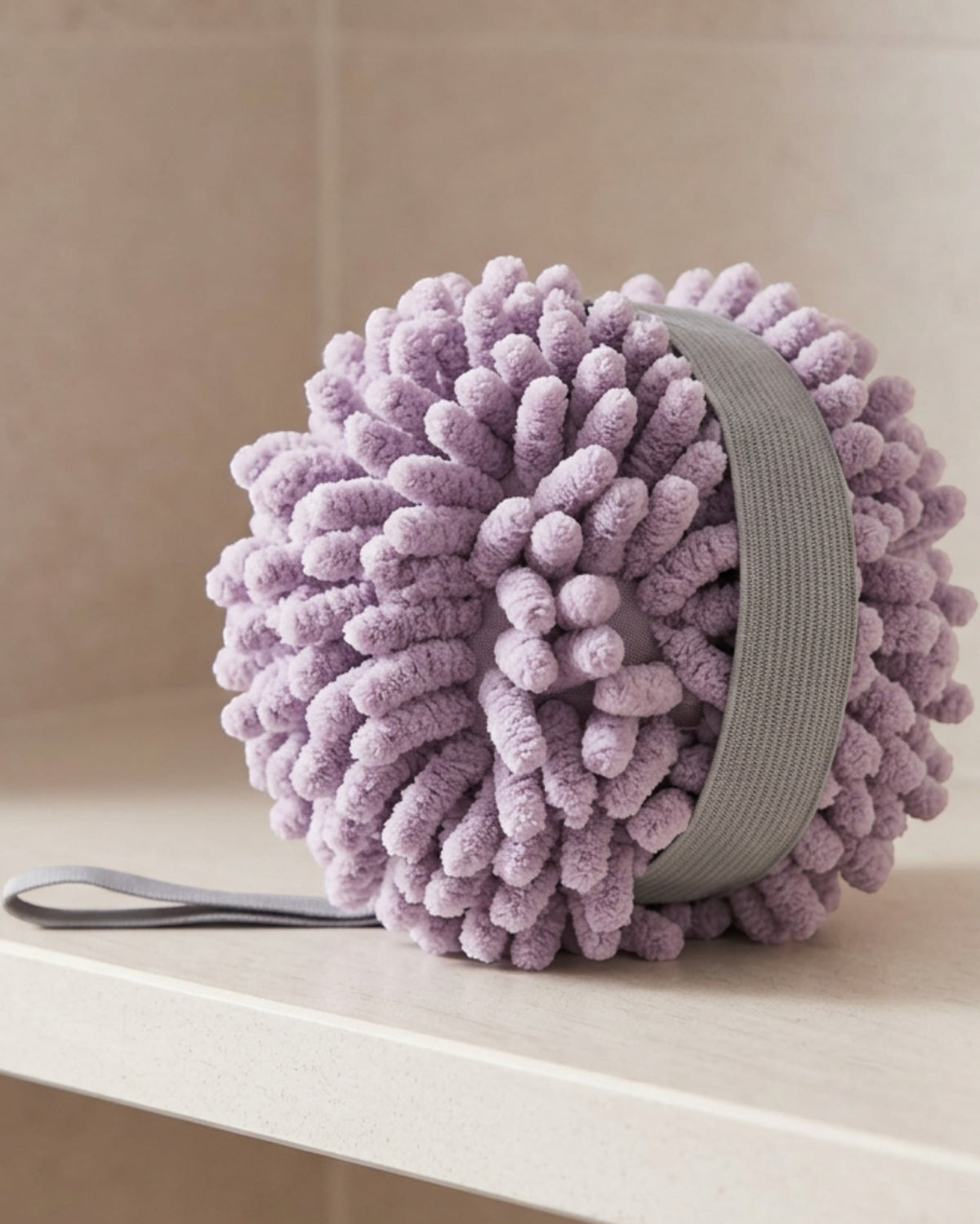 Bwrkd Chenille Microfiber Bath Ball with Palm Strap Lilac Gray - Lifestyle view