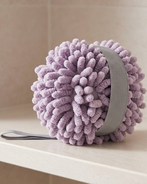 Bwrkd Chenille Microfiber Bath Ball with Palm Strap Lilac Gray - Lifestyle view
