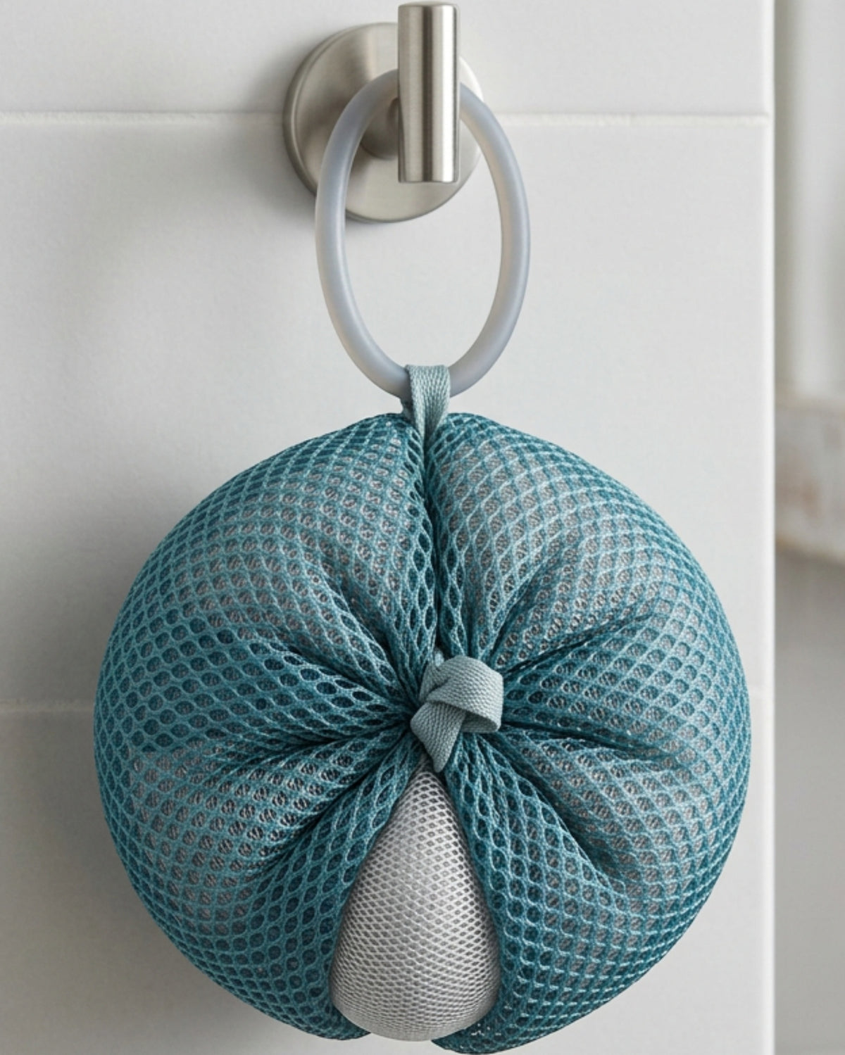 Bwrkd Dual-Layer Honeycomb Spacer-Mesh Shower Ball Teal Gray - Lifestyle view